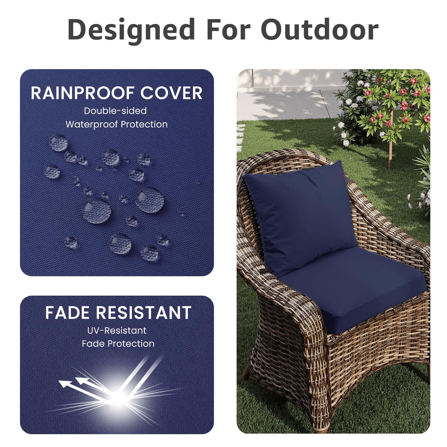 PatioGlow cojín colocado en silla de jardín mostrando uso cómodo