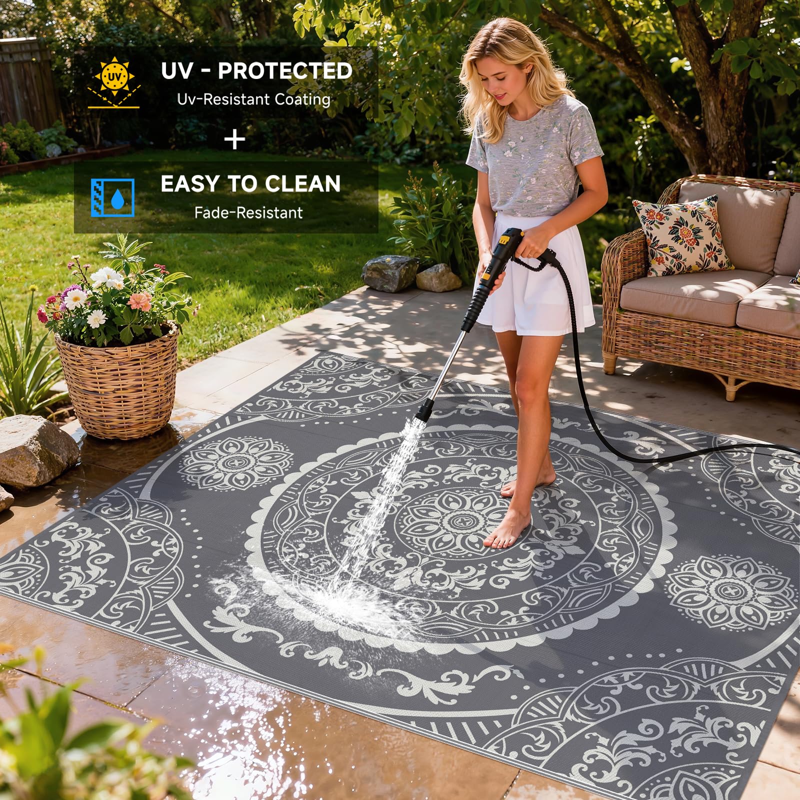 Pauwer alfombra en patio con muebles aporta estilo y resistencia