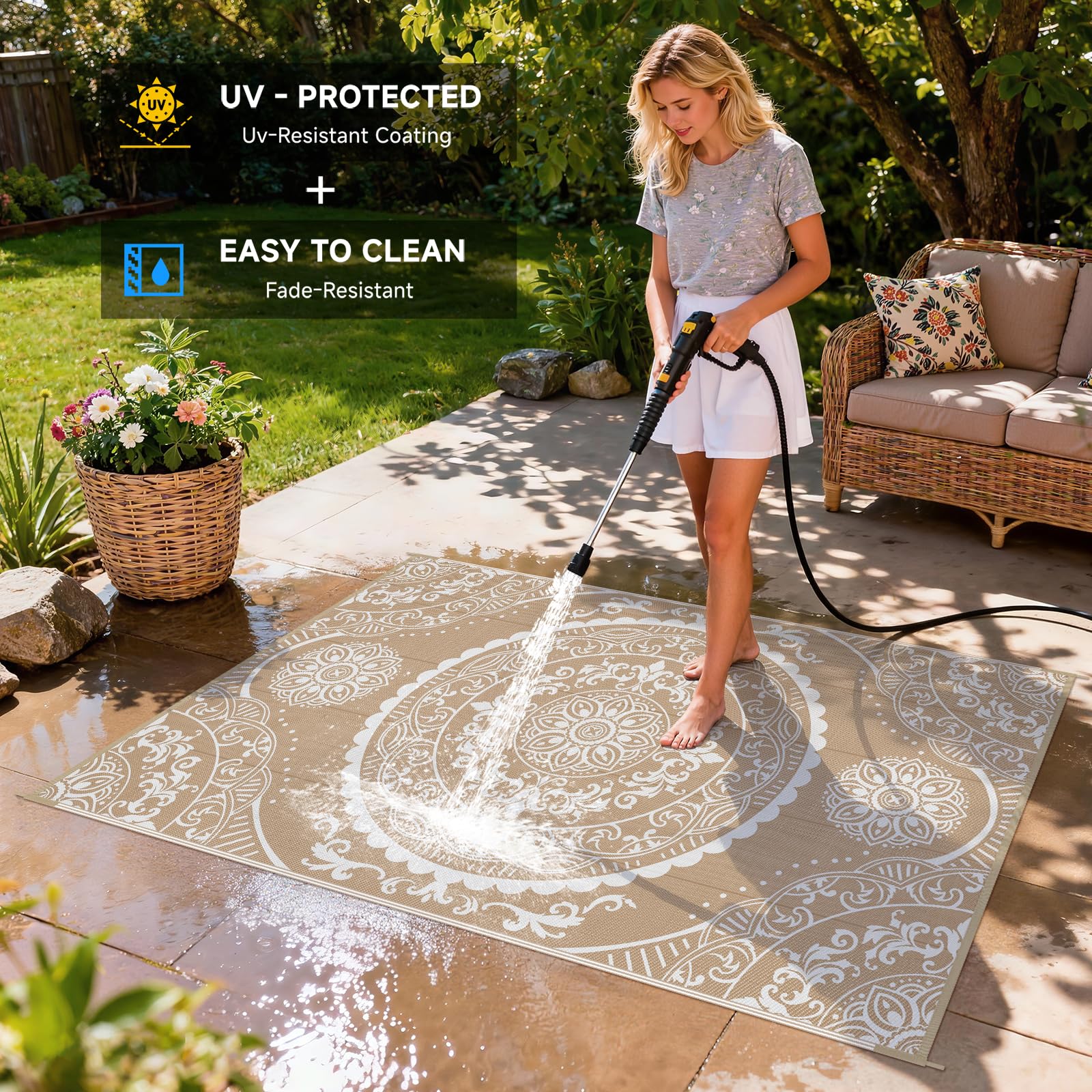 Pauwer colocada en patio realzando decoración y protección del suelo
