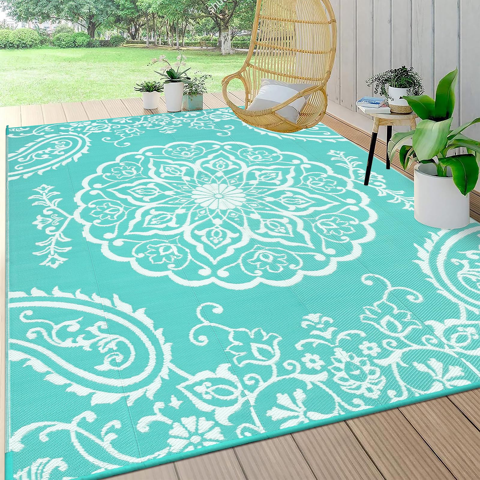 Pauwer alfombra frontal 8x10 muestra diseño boho azul claro y resistencia