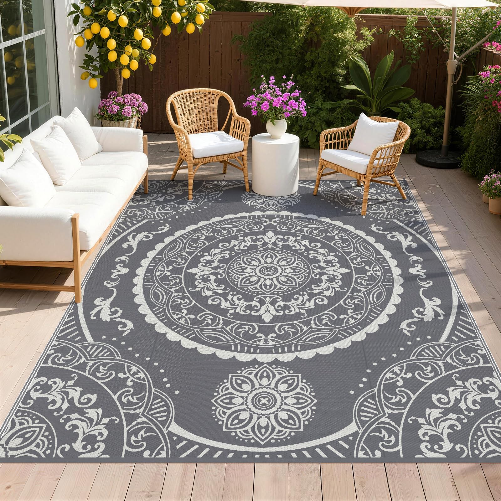 Pauwer alfombra frontal paisley gris decora patio y resiste intemperie