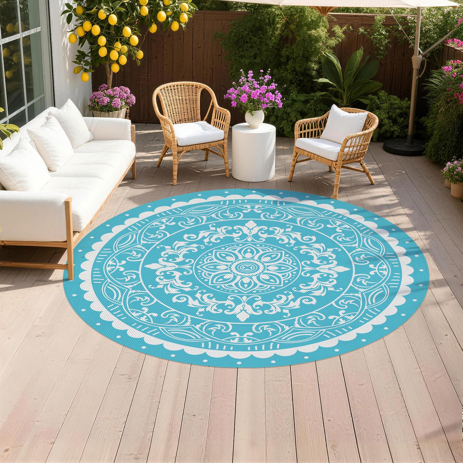 Pauwer alfombra exterior frontal mostrando patrón paisley teal y protección