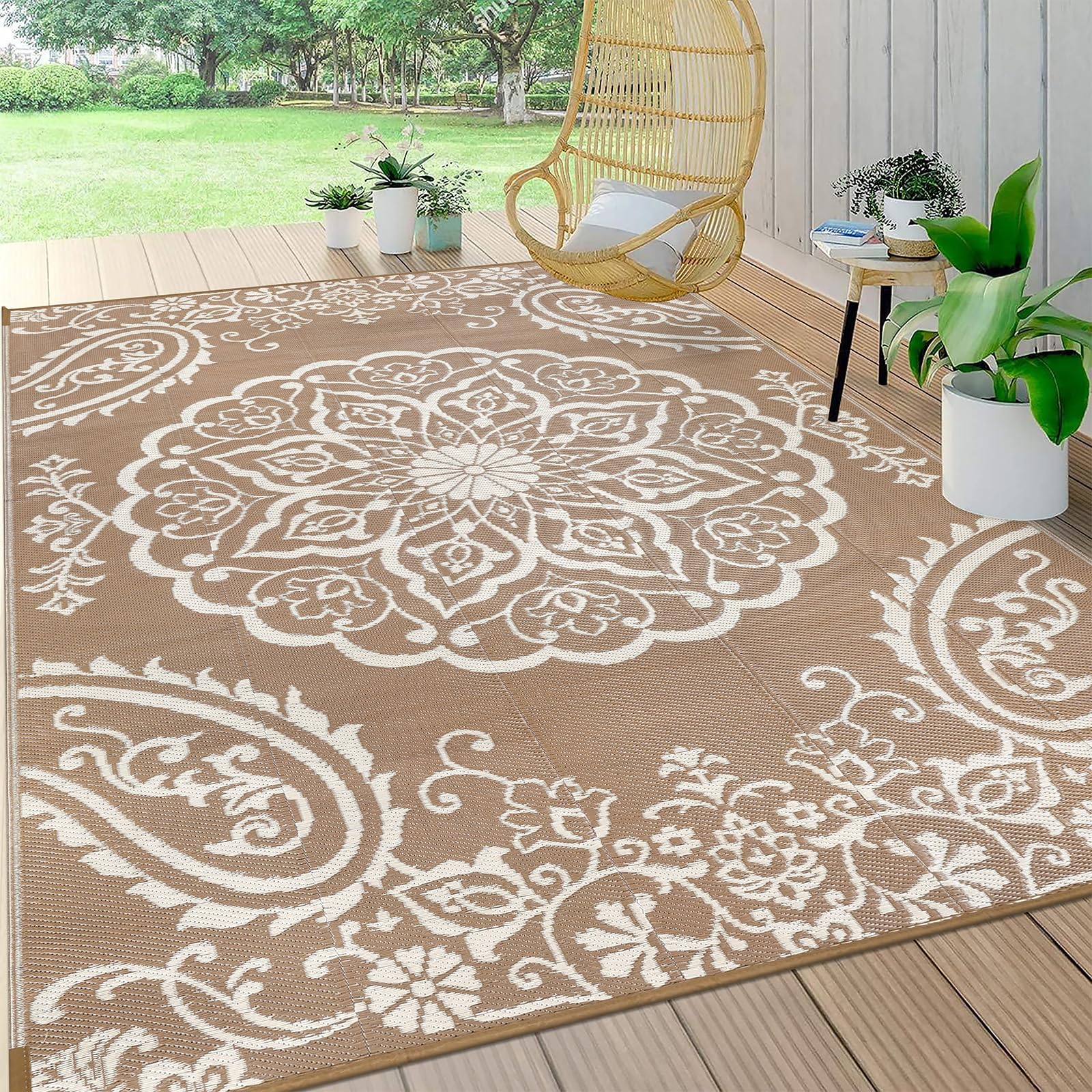 Pauwer alfombra frontal boho marrón mostrando diseño reversible y durabilidad