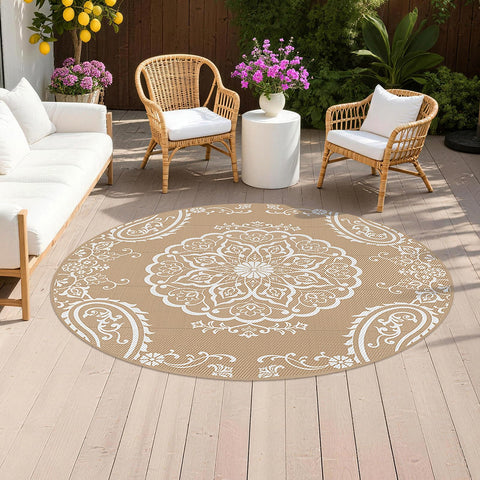 Pauwer alfombra exterior frontal mostrando diseño boho y protección duradera