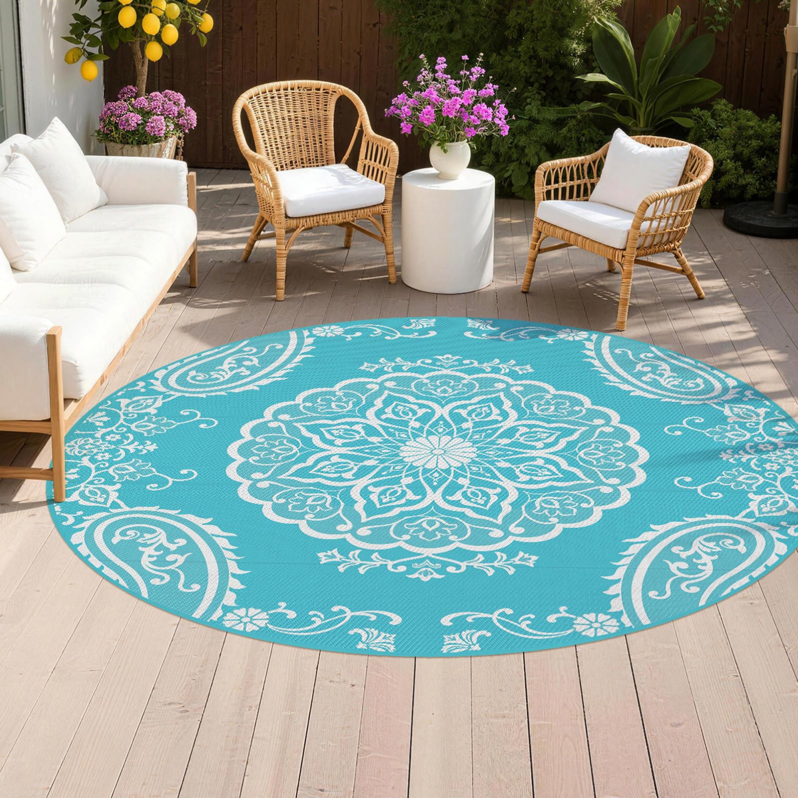 Pauwer alfombra frontal mostrando diseño boho teal y resistencia