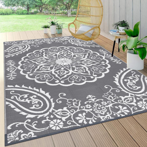 Pauwer alfombra exterior frontal mostrando diseño boho y durabilidad