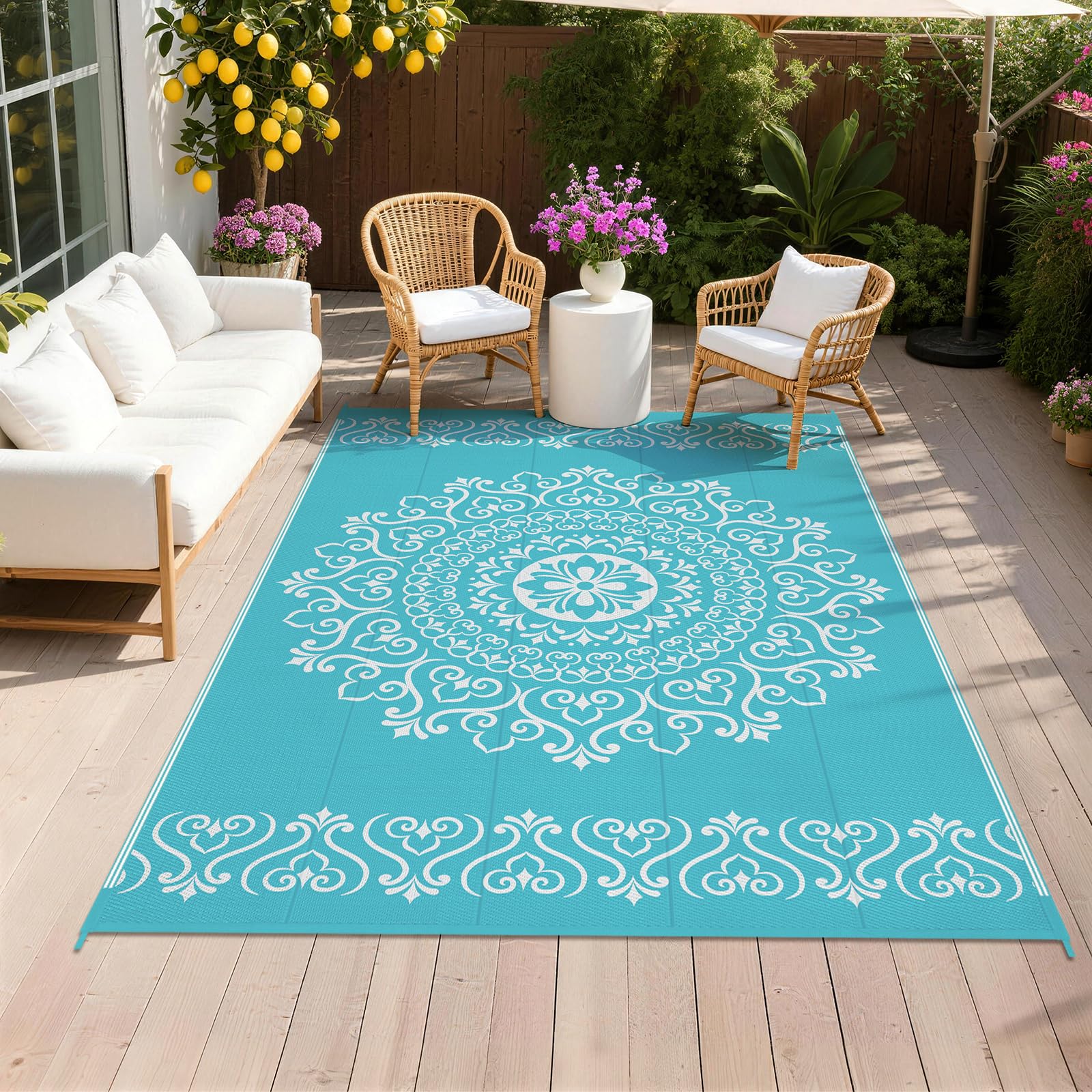 Pauwer alfombra exterior frontal mostrando patrón floral y protección