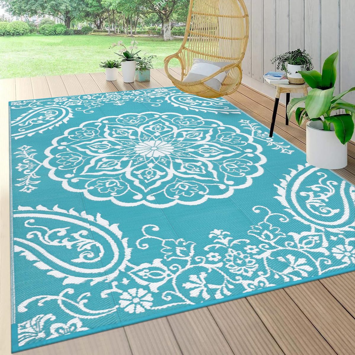 Pauwer alfombra vista frontal con patrón boho teal y acabado durable