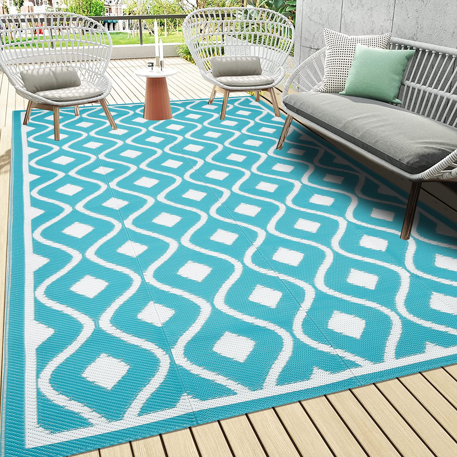 Pauwer vista frontal de la esterilla geométrica teal, mejora estética exterior