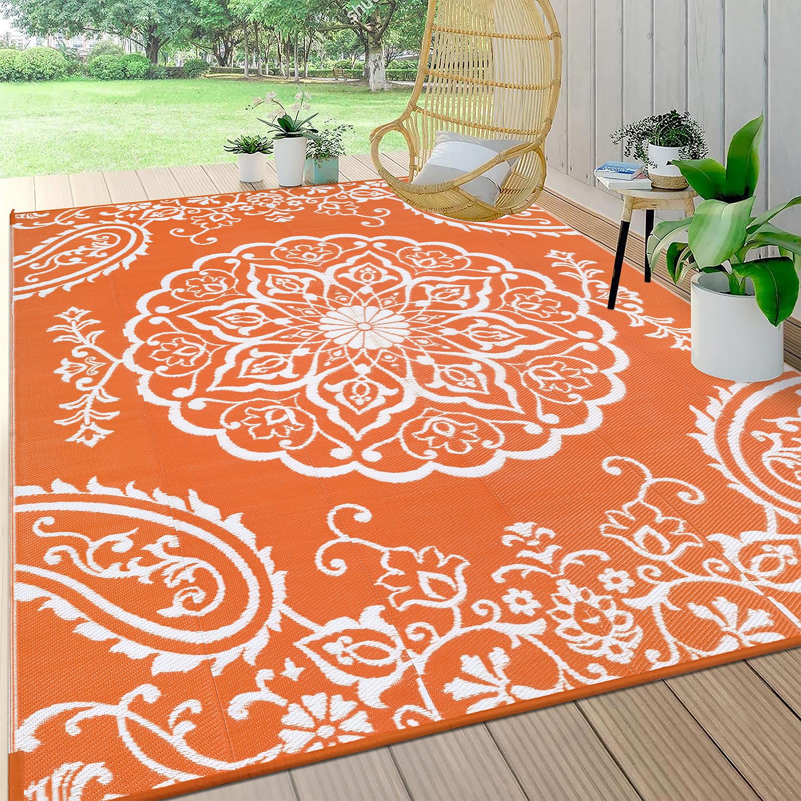 Pauwer vista frontal de la alfombra boho naranja mostrando patrón y tamaño