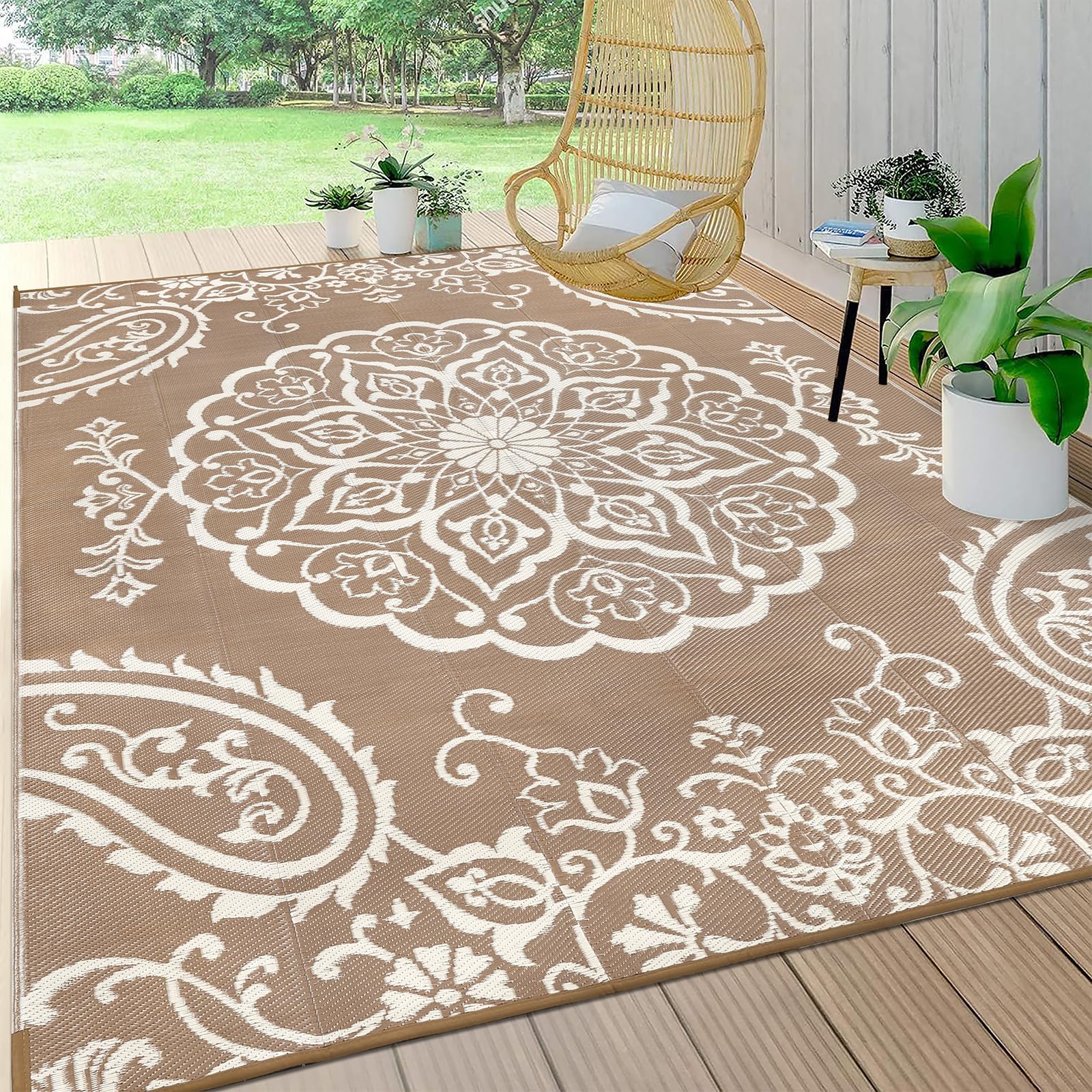 Pauwer vista frontal de la alfombra 8x10, aporta estilo boho y resistencia