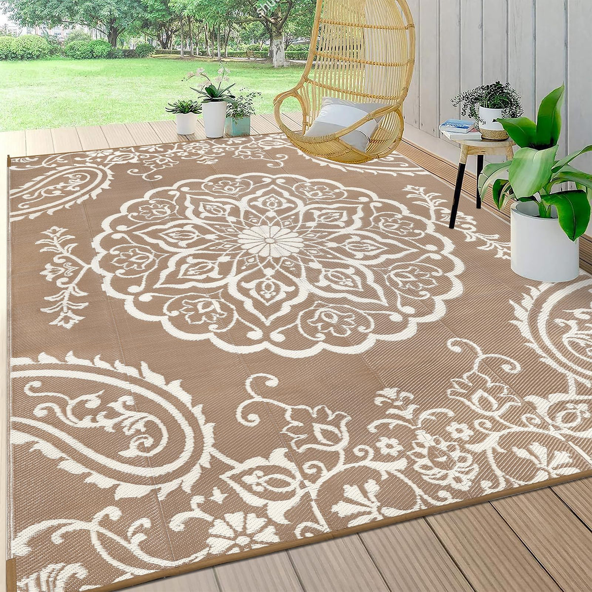 Pauwer vista frontal de la alfombra 8x10, aporta estilo boho y resistencia