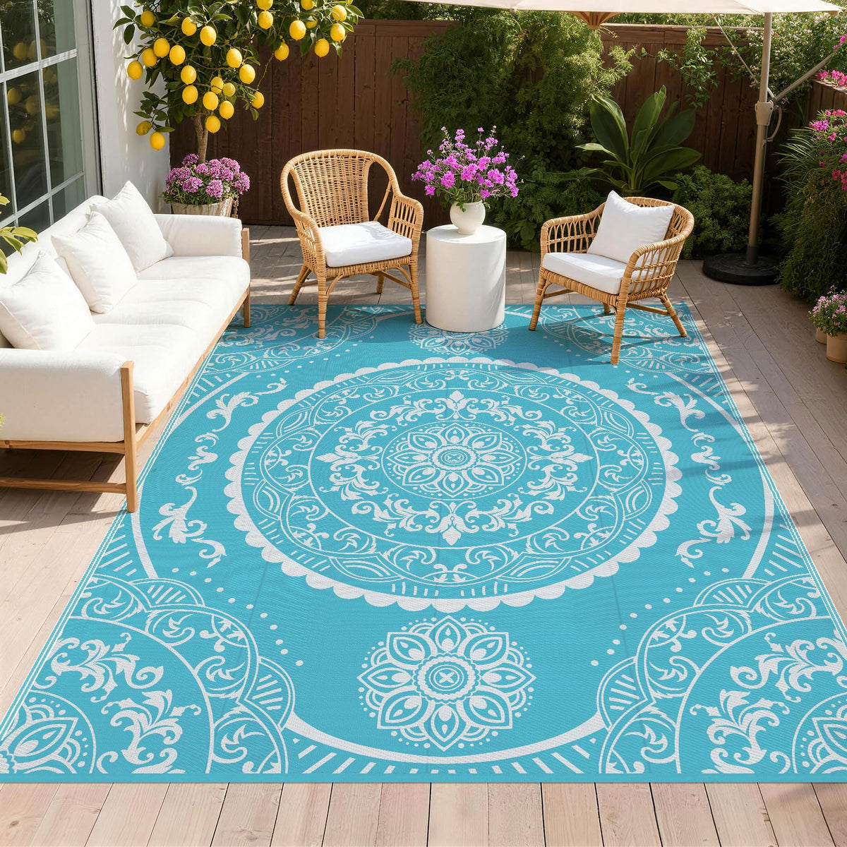 Pauwer vista frontal de alfombra patio paisley teal con beneficio estético