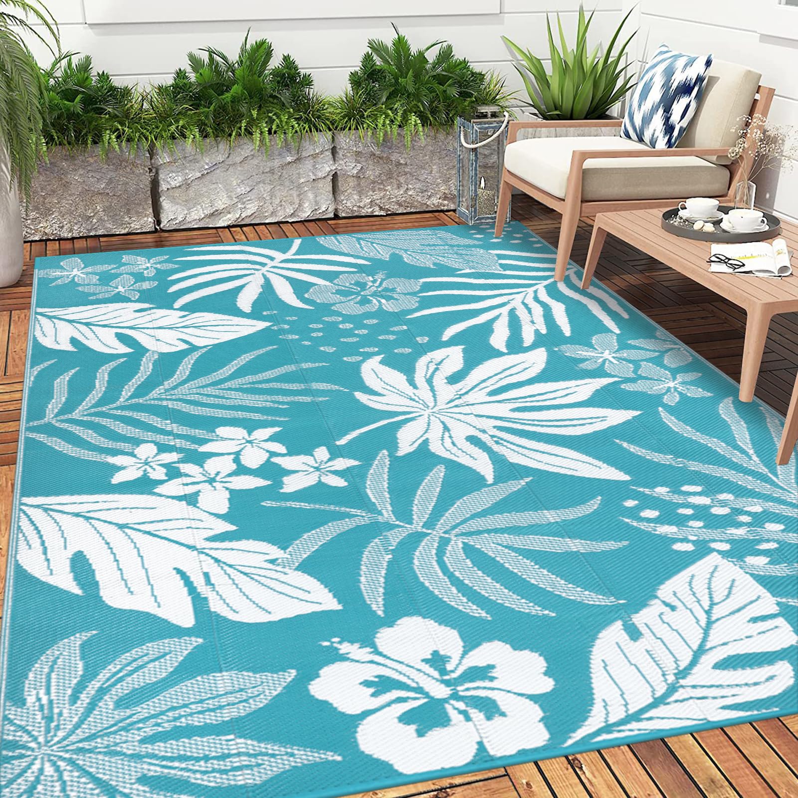 Pauwer detalle del patrón floral teal que realza espacios exteriores