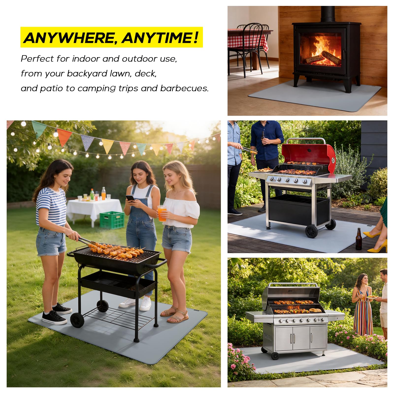 PAWBOSE ambiente de patio con tapete protegiendo chimenea y mobiliario