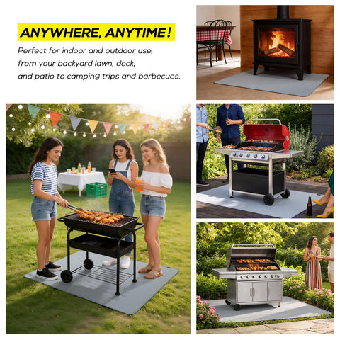 PAWBOSE ambiente de patio con tapete protegiendo chimenea y mobiliario