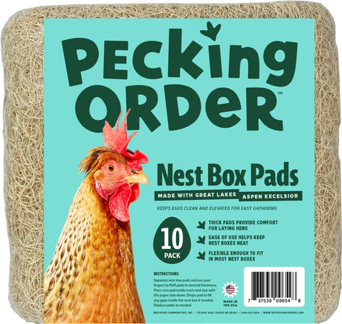 Pecking Order vista frontal del paquete mostrando 10 almohadillas y comodidad