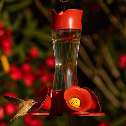 Perky-Pet comedero en uso con colibrí alimentándose cerca