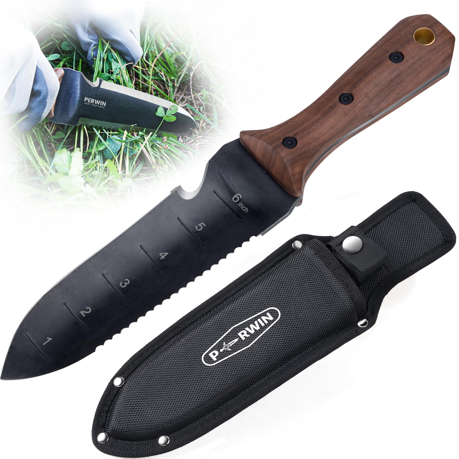 PERWIN vista frontal del Hori Hori mostrando hoja y funda, durabilidad y protección