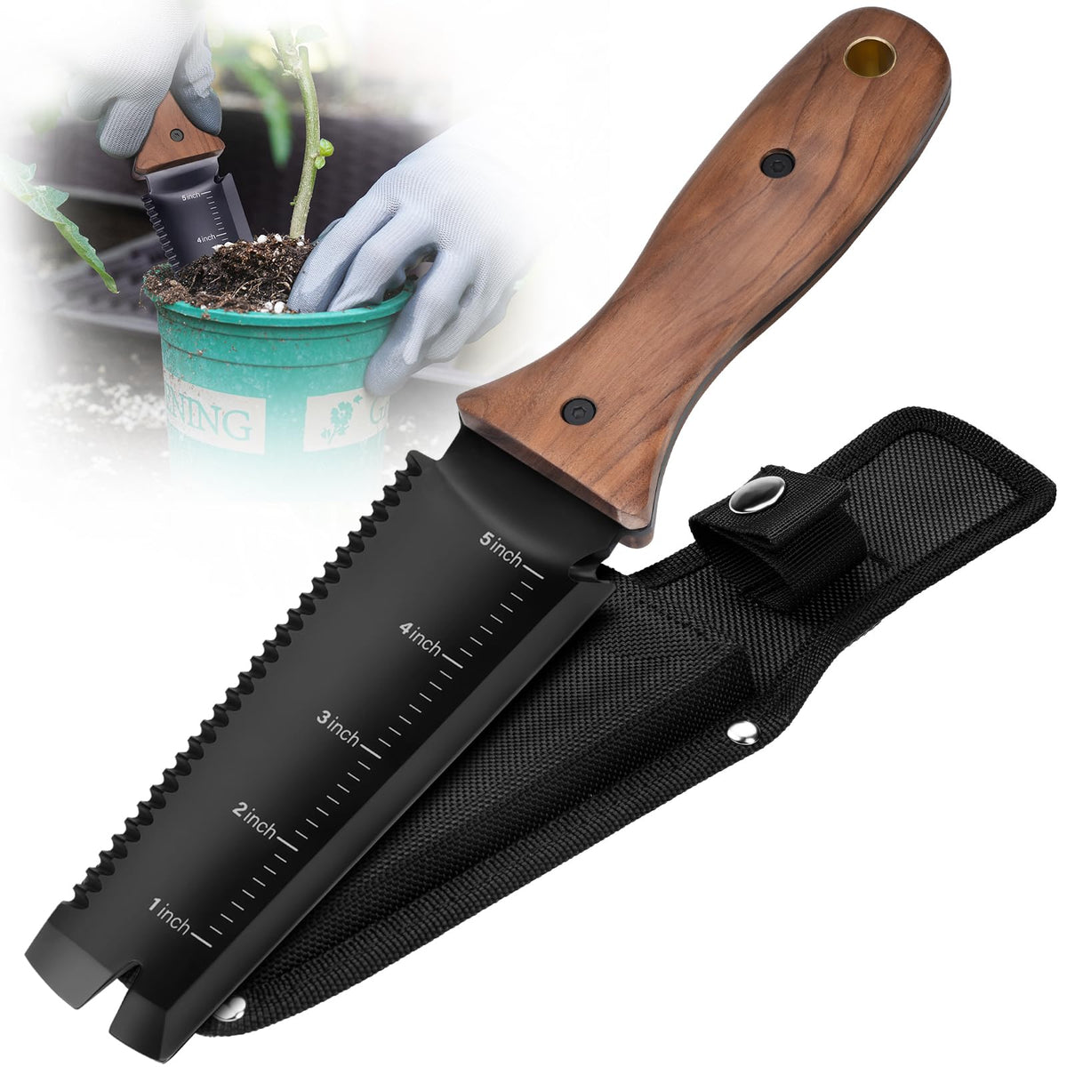 PERWIN cuchillo hori hori frontal mostrando la hoja y la funda, herramienta versátil