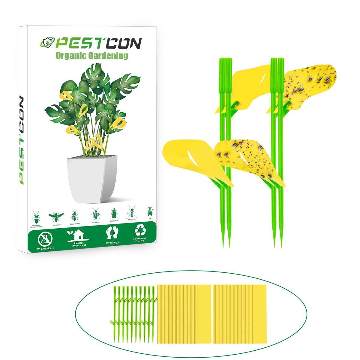 PESTCON paquete frontal mostrando 60 tiras, solución ecológica