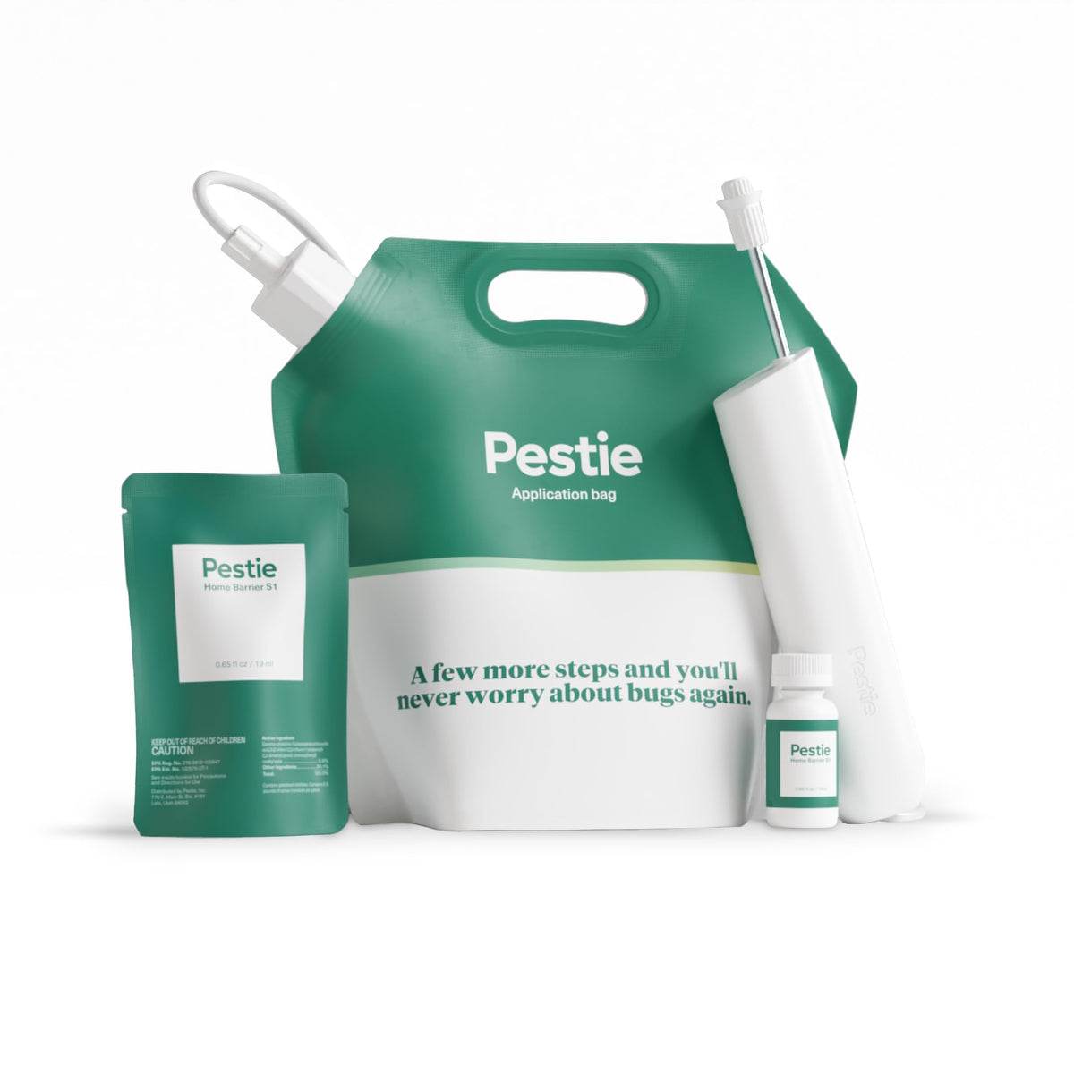Pestie envase frontal mostrando kit completo y cobertura hasta 4,500 ft²