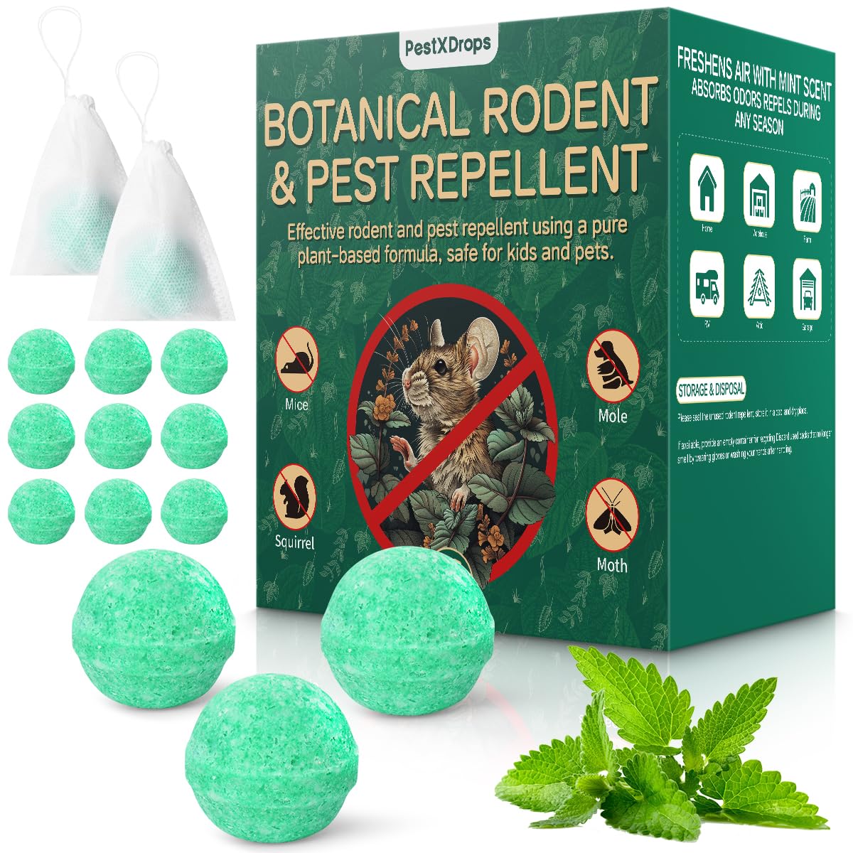 PestXDrops frente del empaque mostrando 14 bolas y beneficios naturales
