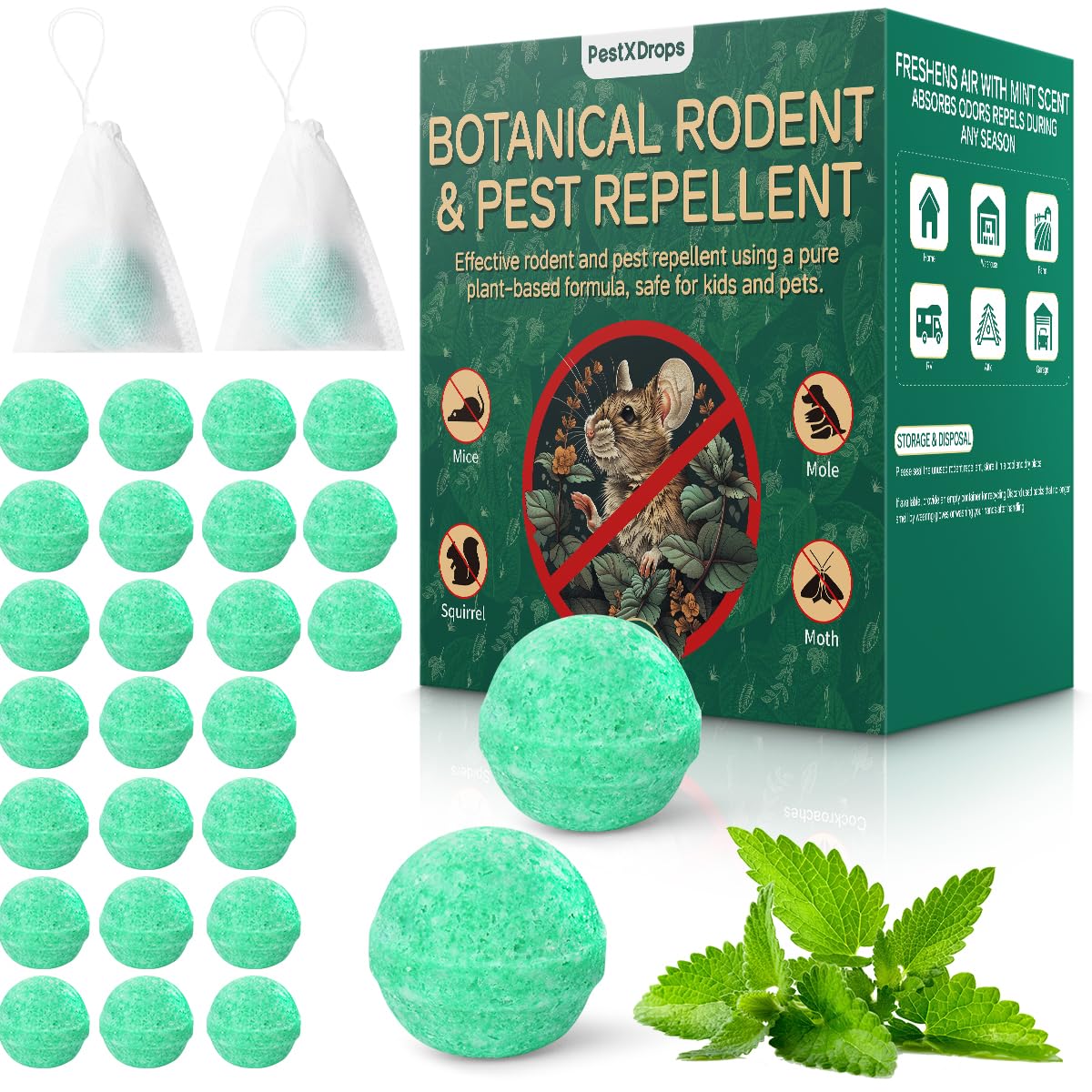 PestXDrops paquete frontal mostrando 28 bolas repelentes y beneficio de protección