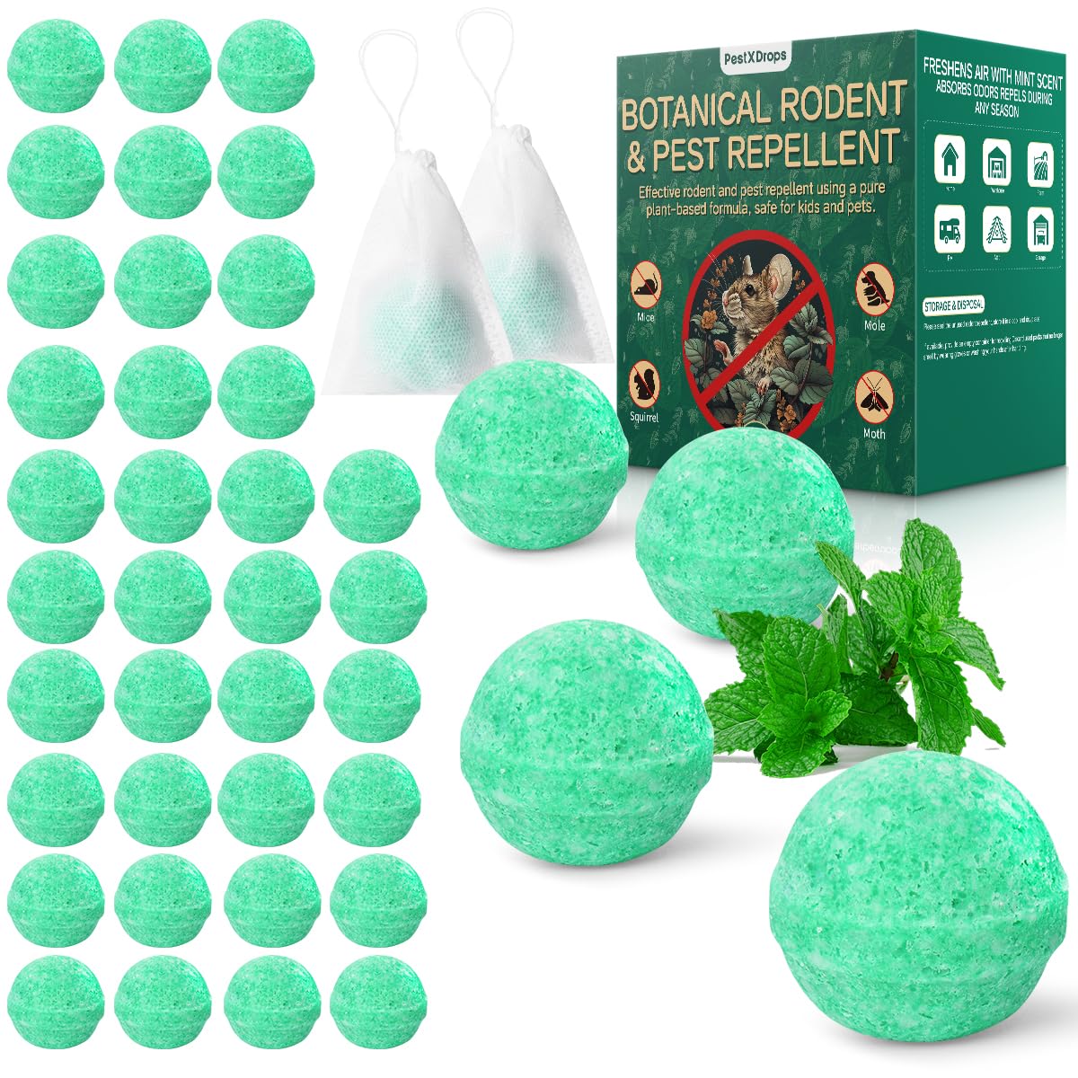 PestXDrops paquete frontal mostrando 42 bolas repelentes y beneficios de productividad