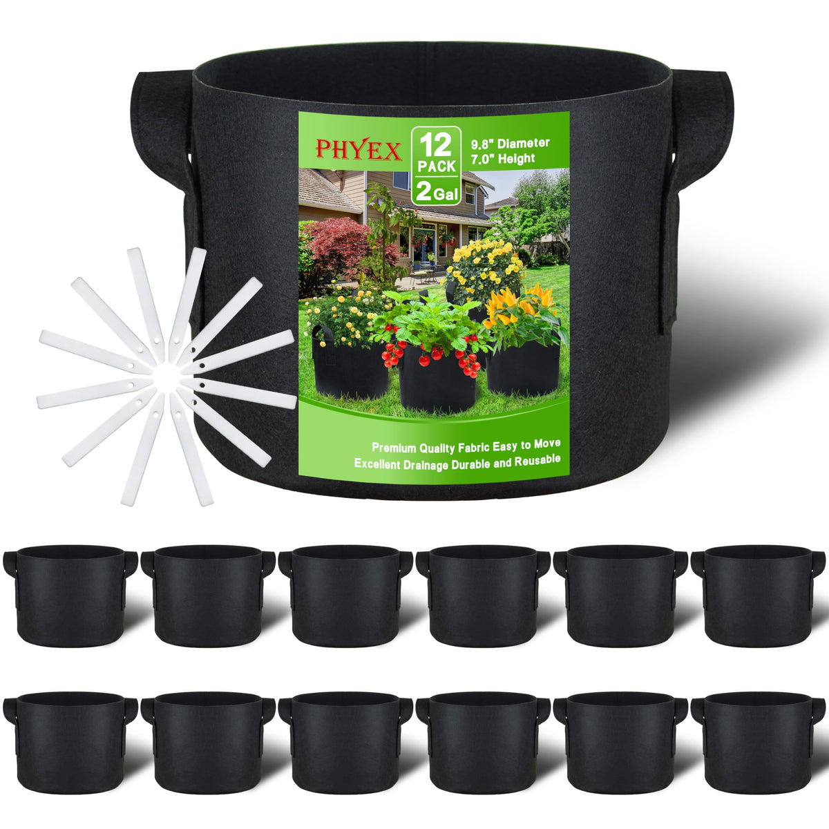 PHYEX vista frontal del empaque mostrando las 12 grow bags y beneficios