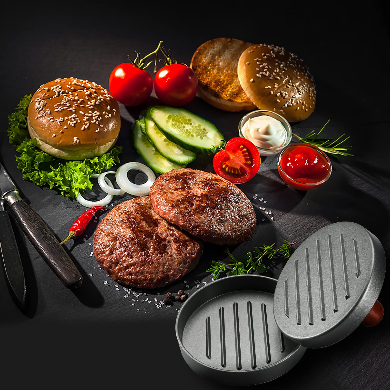 PIQUEBAR comparación de tamaño junto a un pan de hamburguesa para referencia de 4.5 pulgadas
