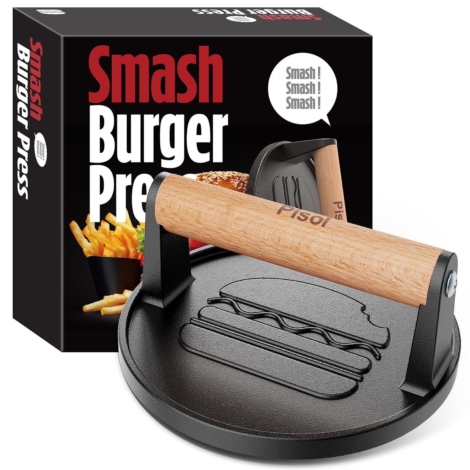 Pisol prensa hamburguesa frontal mostrando su diseño robusto y beneficio de control