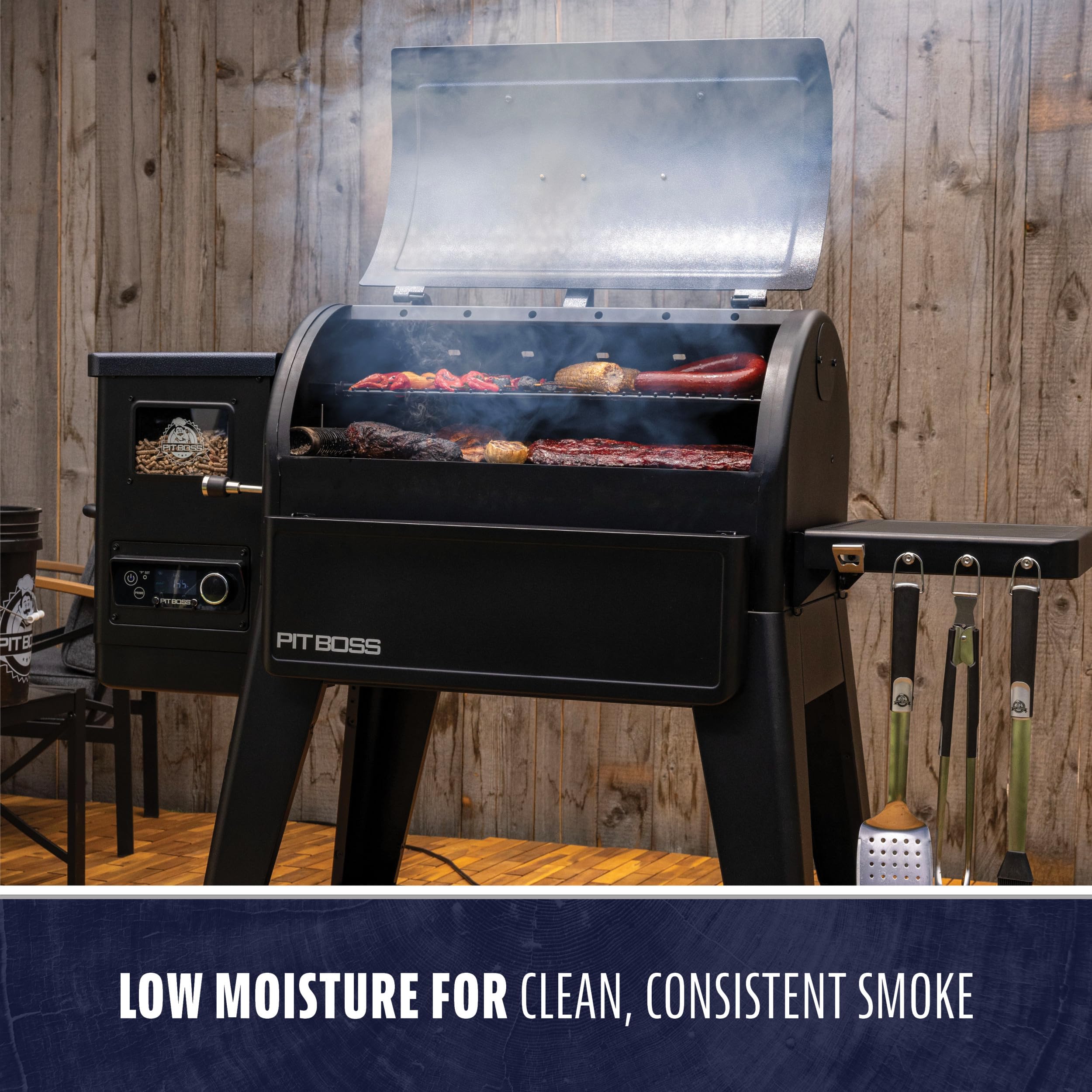 Pit Boss etiqueta del producto con ingredientes 100% hardwood visibles