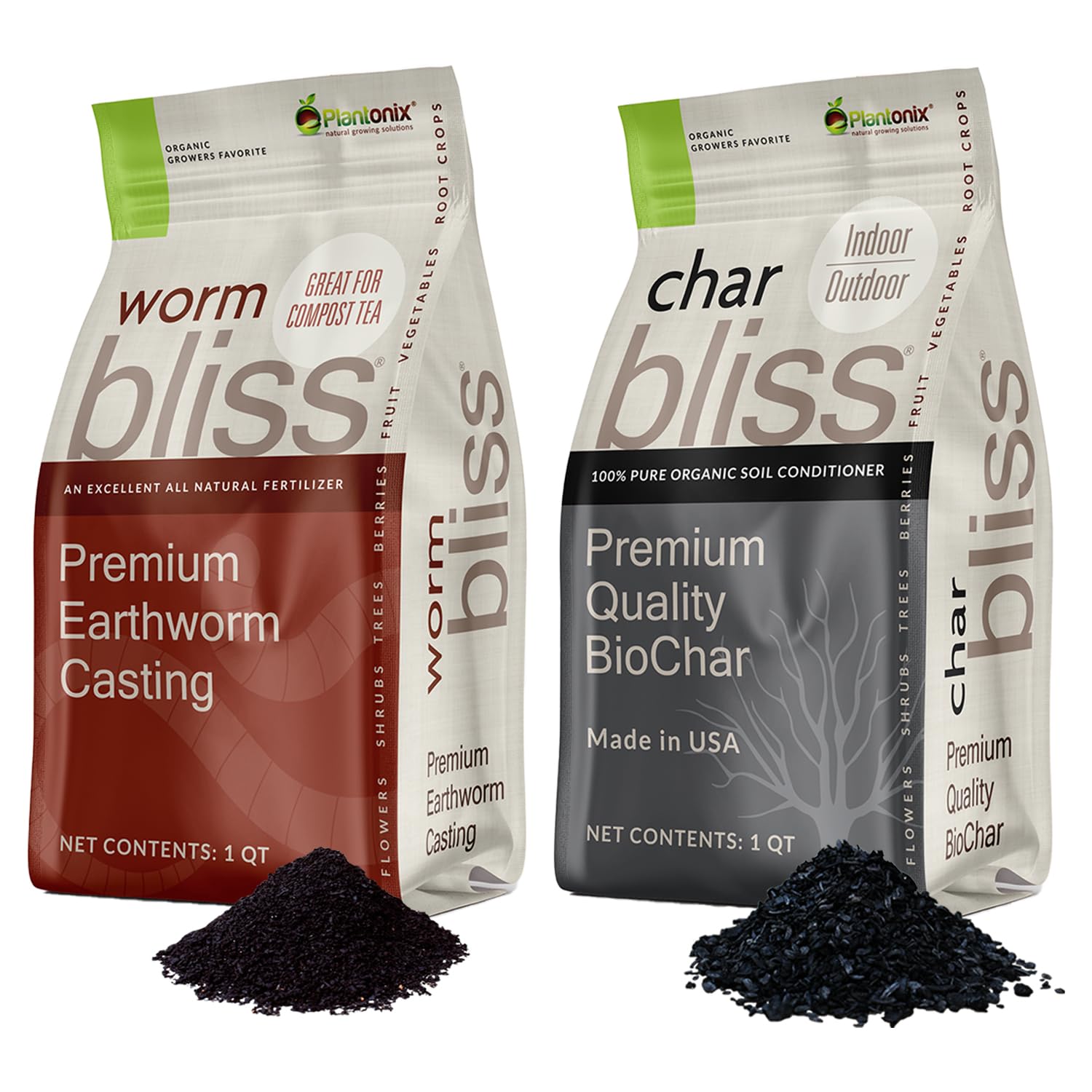 plantonix vista frontal de envases Worm Bliss y Char Bliss, mejora del suelo