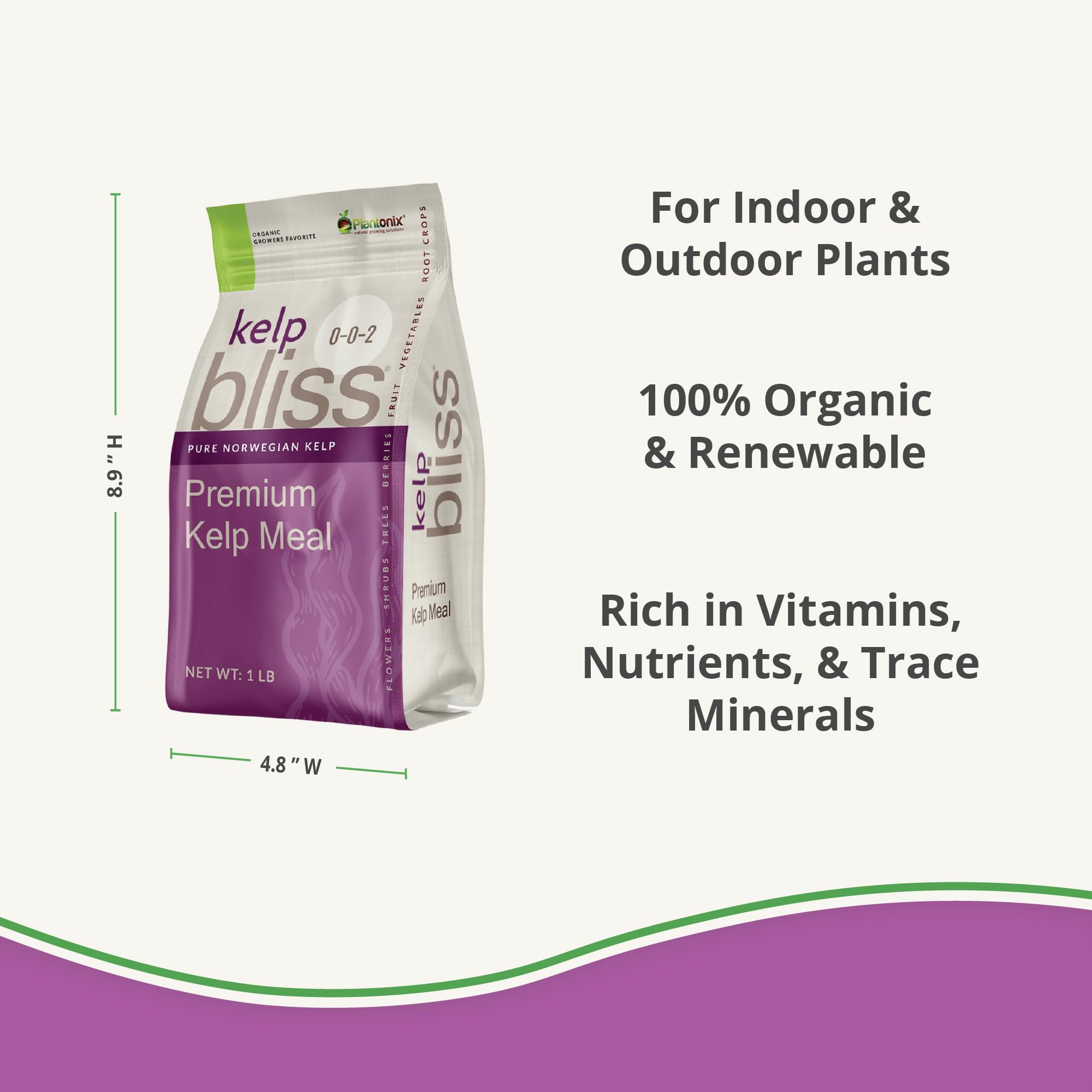 plantonix Kelp Bliss bolsa de 1 lb para comparar tamaño y dosificación