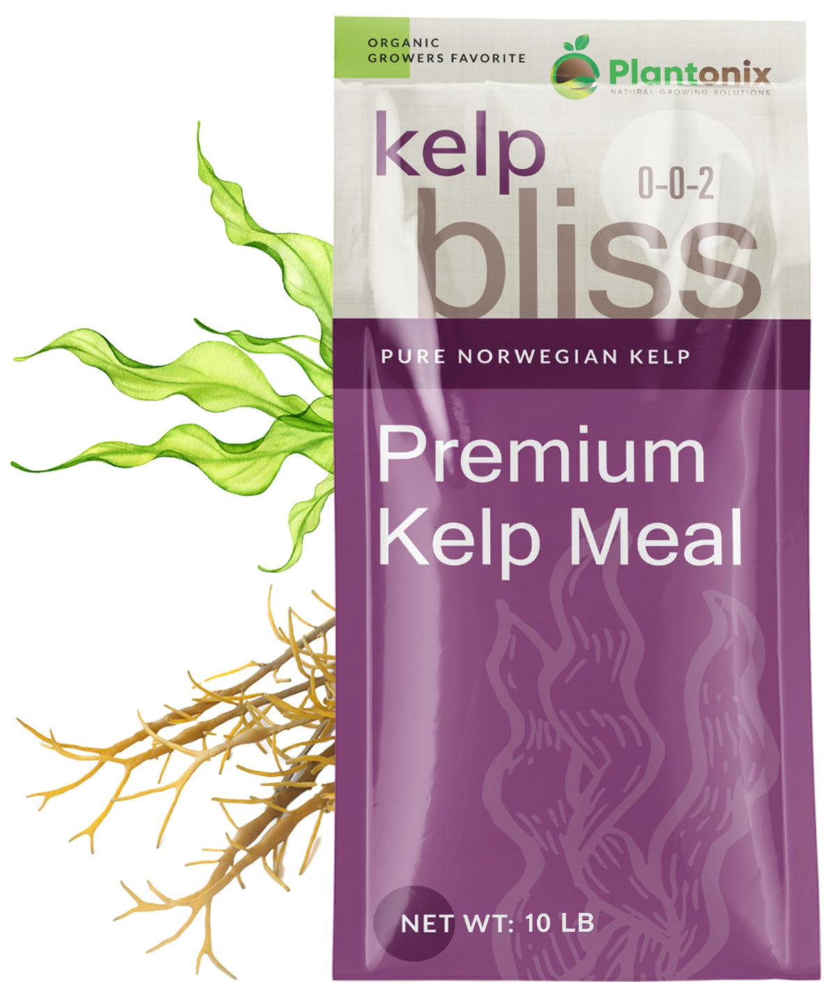 plantonix Kelp Bliss empaque frontal que muestra 10lbs y beneficios orgánicos