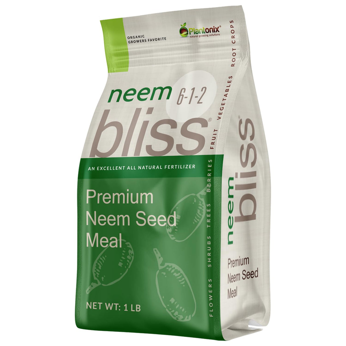 plantonix Neem Bliss empaque frontal mostrando 1 lb y beneficios orgánicos