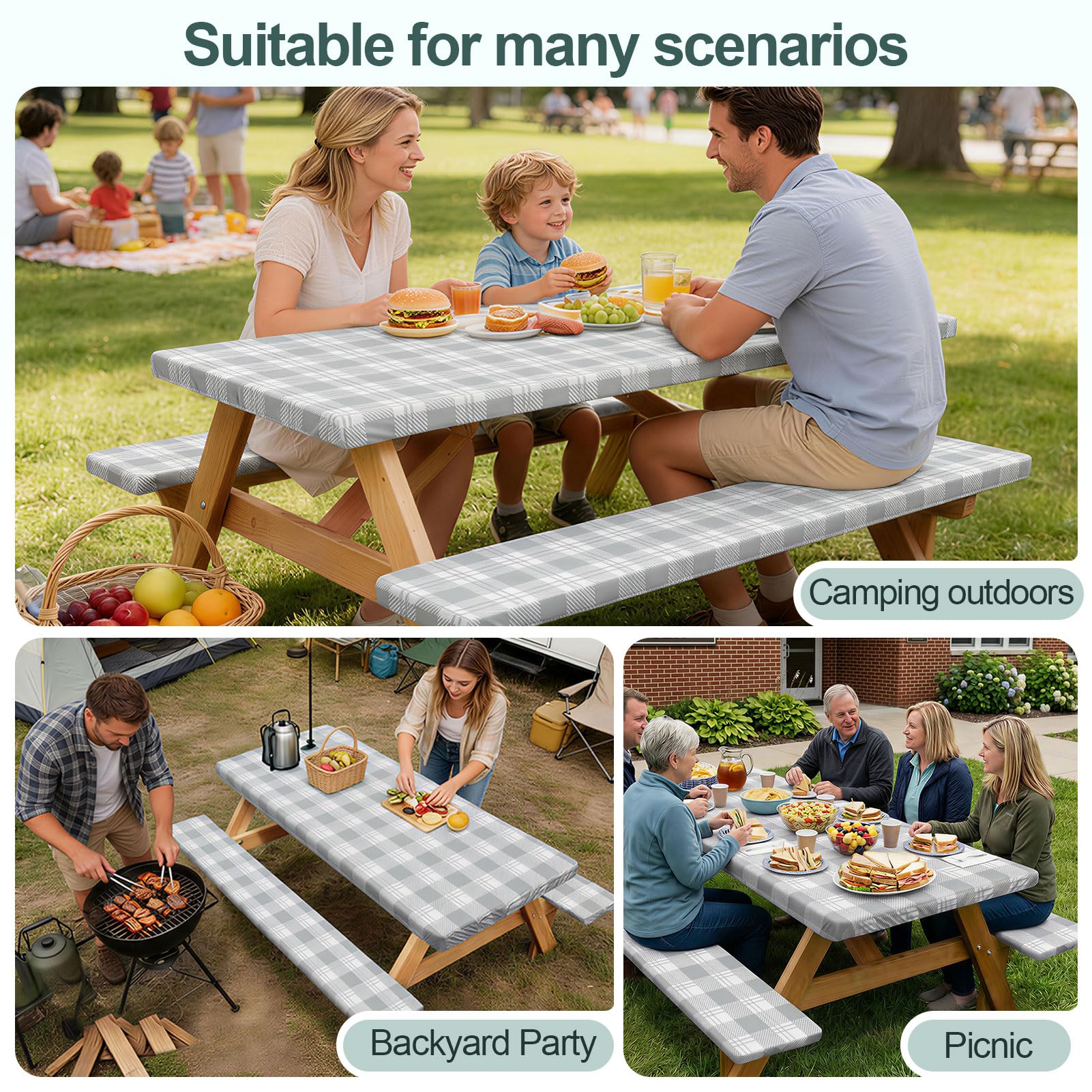 Play Tailor ambiente de camping con mantel y bancos, aspecto ordenado para reuniones