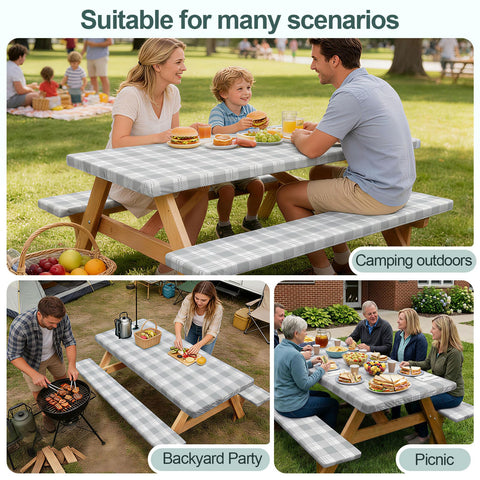 Play Tailor ambiente de camping con mantel y bancos, aspecto ordenado para reuniones