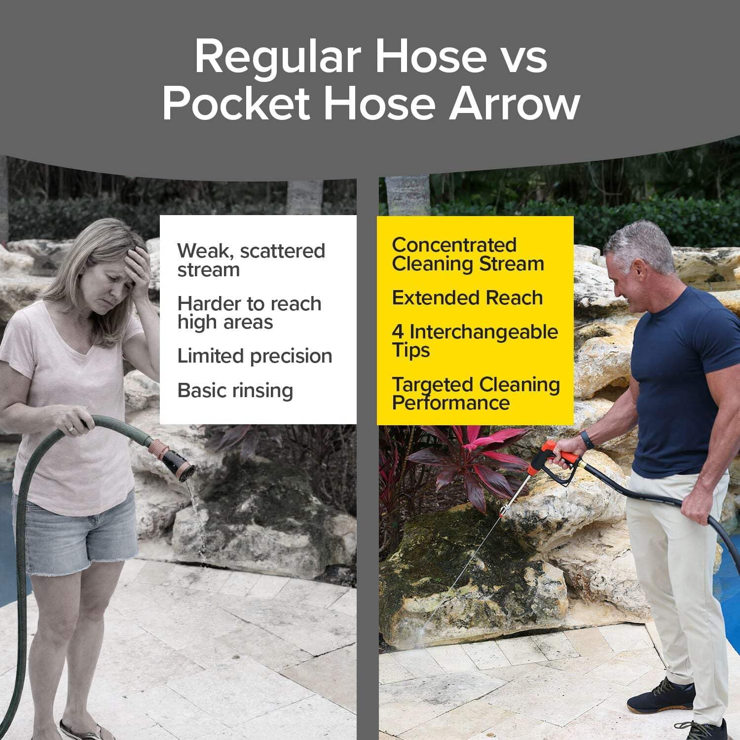 Pocket Hose apuntando a una ventana en segunda planta para alcance prolongado