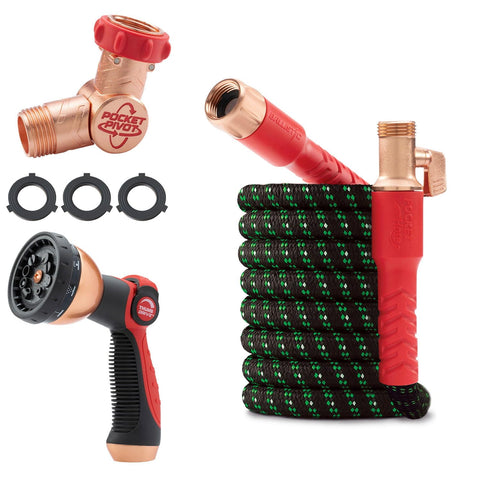Pocket Hose mostrando el frente del empaque y beneficio de compacto