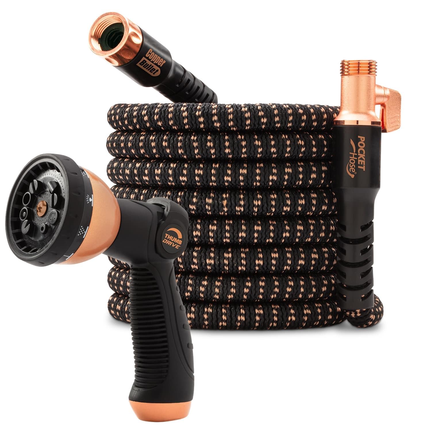 Pocket Hose manguera frente y empaque mostrando beneficio portabilidad