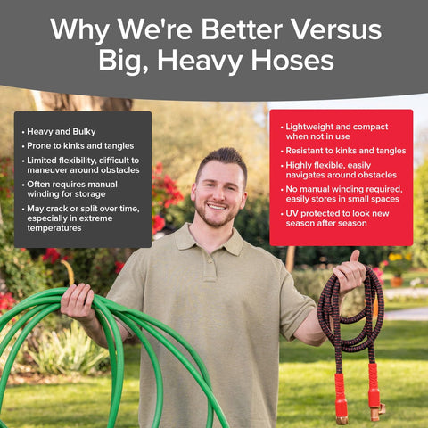 Pocket Hose totalmente expandida en el césped demostrando alcance y flexibilidad