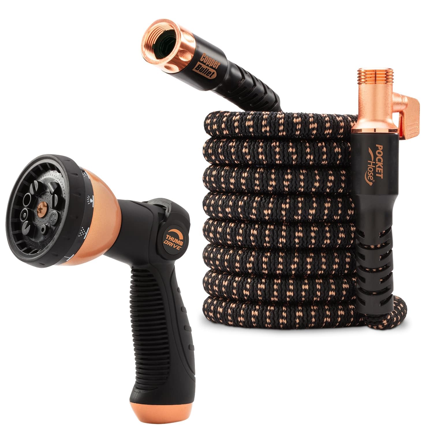 Pocket Hose vista frontal del paquete, transporte y almacenamiento fácil