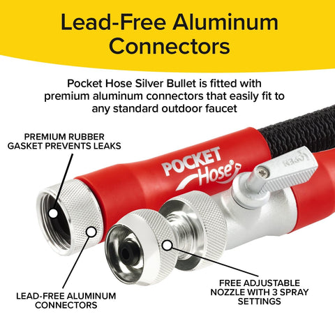 Pocket Hose etiqueta con especificaciones y consejos de uso visibles