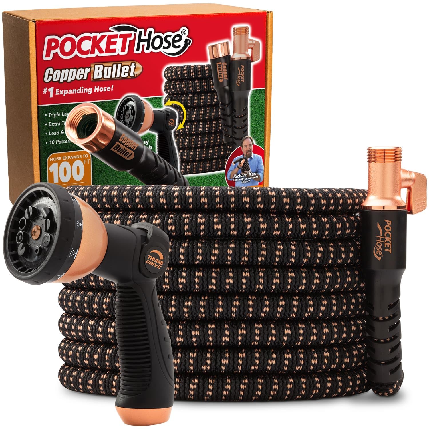 Pocket Hose vista frontal del empaque mostrando longitud y funciones