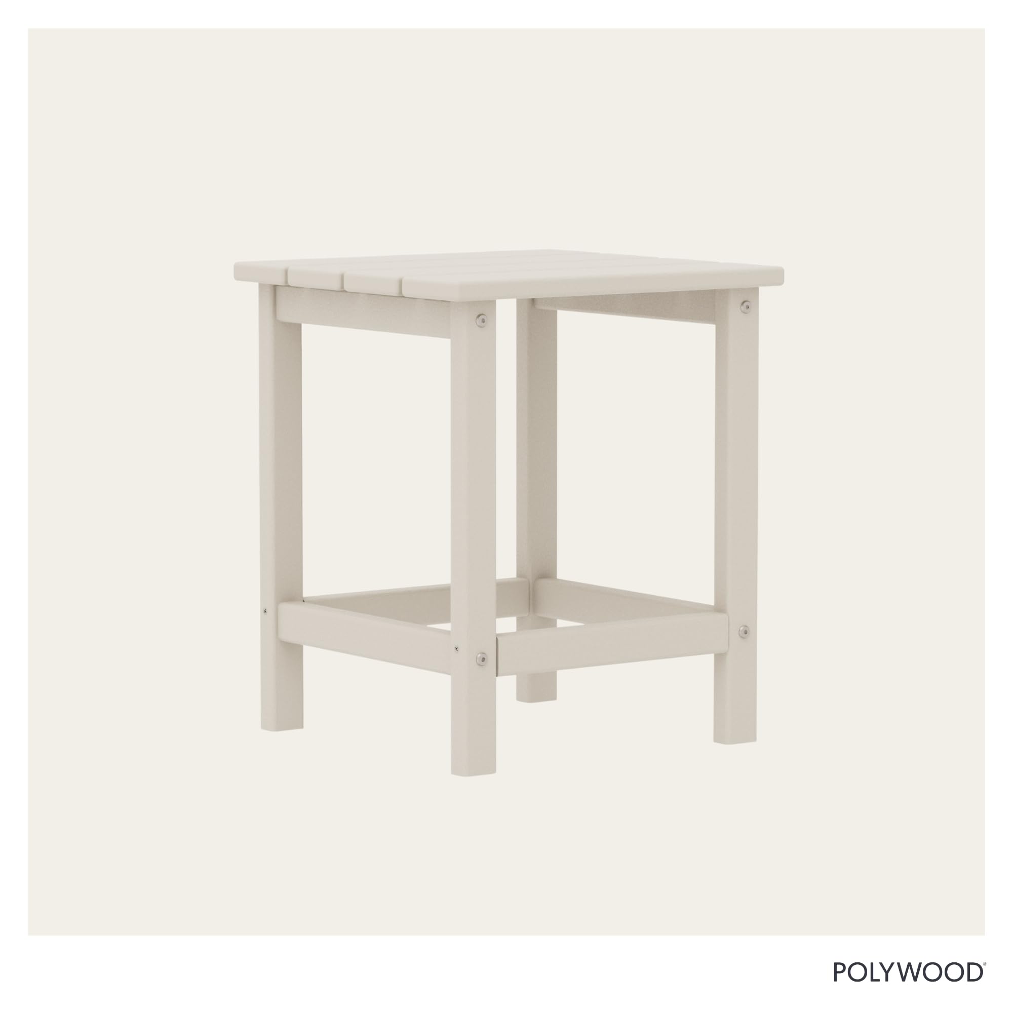 Polywood mesa lateral tamaño comparado con una silla, escala real