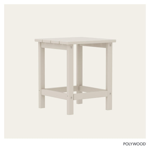 Polywood mesa lateral tamaño comparado con una silla, escala real