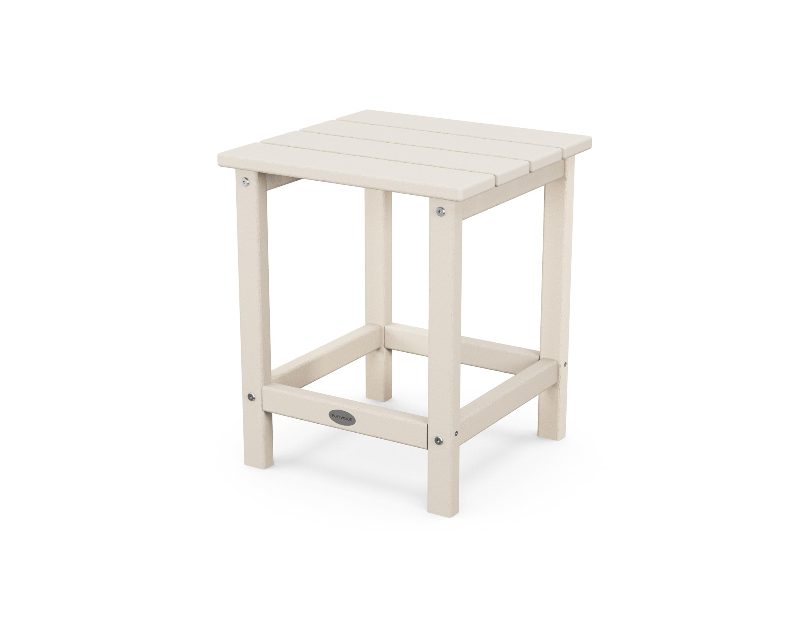 Polywood mesa lateral frontal en color Sand, durabilidad visible