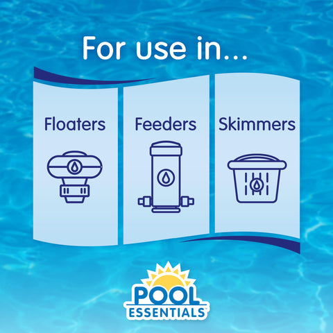 Pool Essentials en dispensador flotante demostrando liberación continua y conveniencia